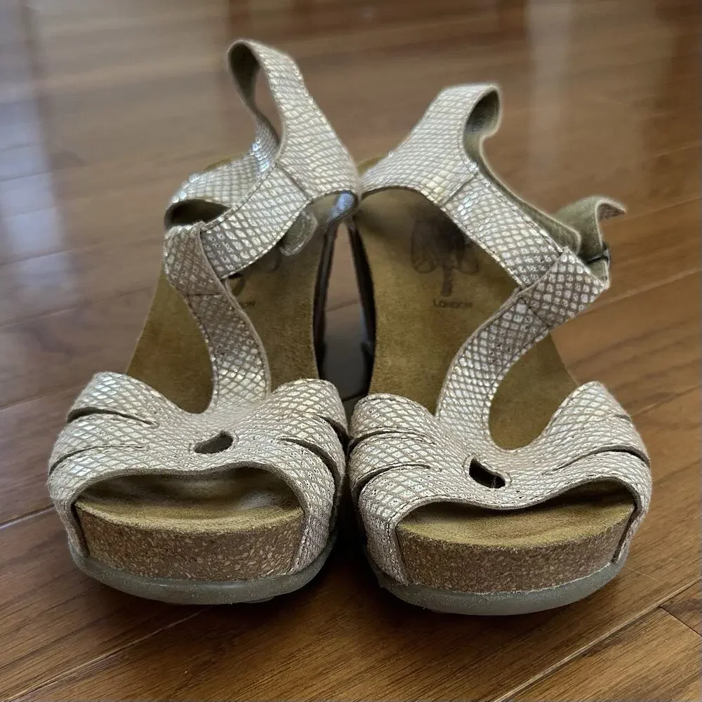 Fly London Gumy T Strap Diamond Tan Sandals Wedges Women's size 41 US‎ 19-10.5